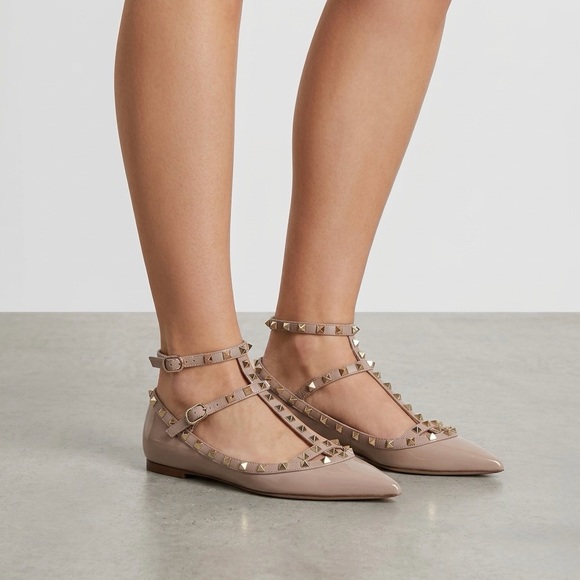 Valentino Garavani Shoes - Valentino Garavani Rockstud Caged Nude Patent Leather Pointed Toe Ballet Flats